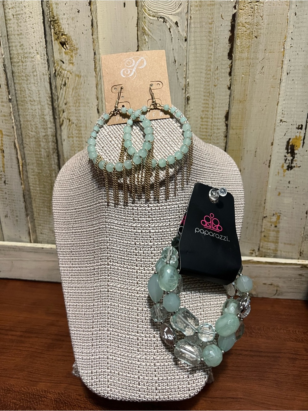 New Plunder Mint Beaded Hoop Earrings & Paparazzi Mint Stretch Bracelets